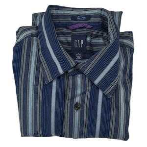 Gap Fitted Premium Mens Large Blue Gray Striped Button Up‎ Dress Shirt 16-16.5